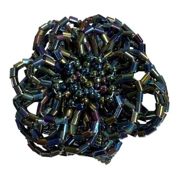 Handmade Beaded Bracelet 3d Floral Black Iridescent Rose Adjustable Length Clasp - Picture 2 of 6